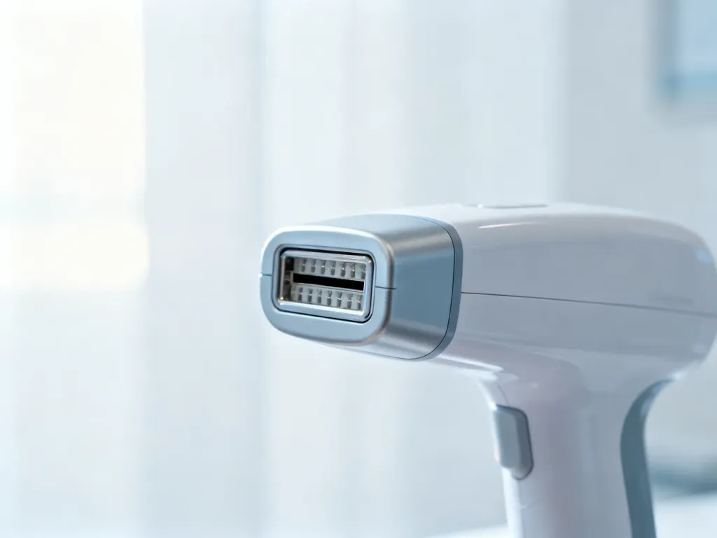 Głowica profesjonalnego urządzenia do depilacji laserowej w sterylnym, minimalistycznym gabinecie kosmetycznym.