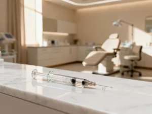 Szklana buteleczka z serum na marmurowym blacie w otoczeniu liści eukaliptusa, podkreślająca profesjonalną pielęgnację skóry.