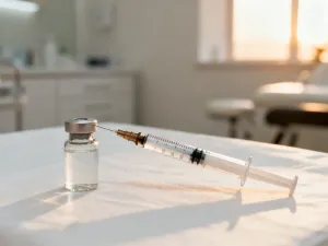 Gładka i zadbana skóra na udzie w ciepłym świetle, obok akcesoriów do masażu i olejku w minimalistycznej łazience.