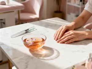 Profesjonalne narzędzia do pedicure ułożone na białym ręczniku w relaksującym wnętrzu salonu spa.