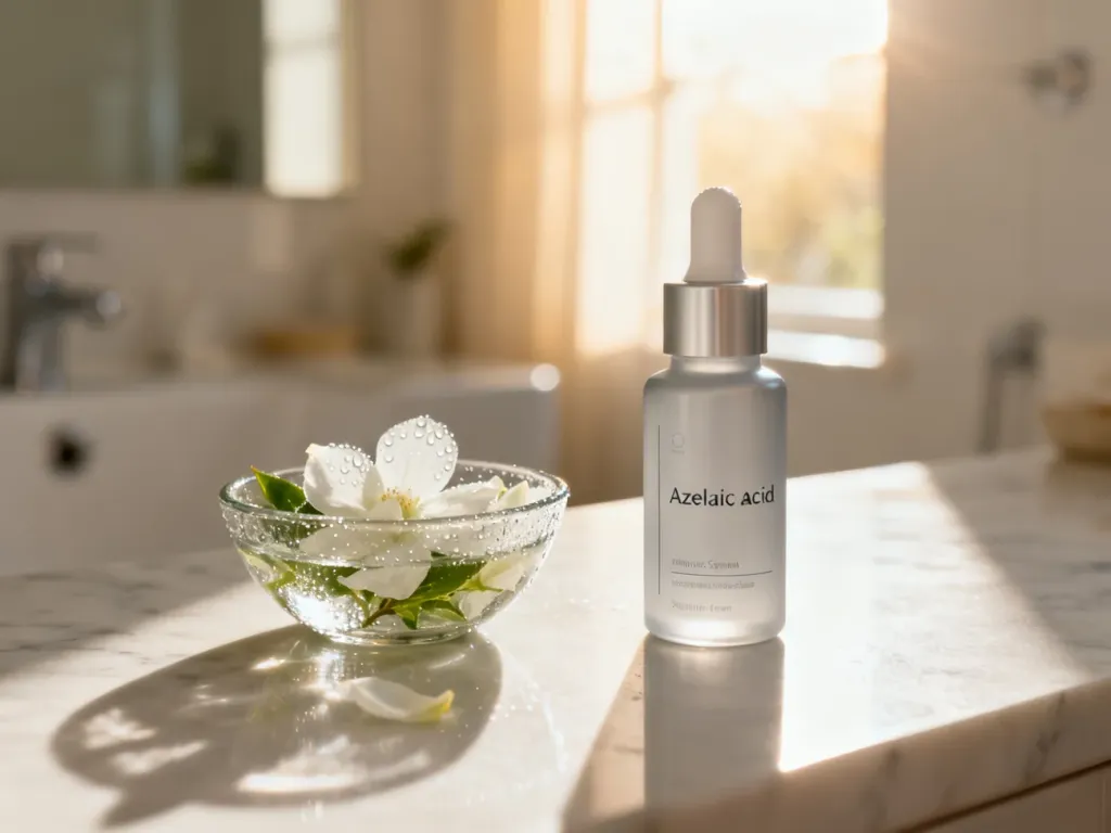 Elegancka buteleczka serum z kwasem azelainowym Apis na marmurowym blacie w otoczeniu świeżych kwiatów.
