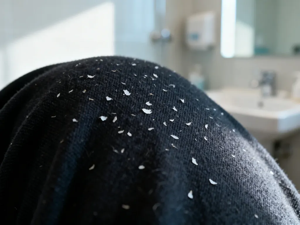 Zbliżenie na ciemny materiał z widocznymi białymi płatkami łupieżu, obrazujące typowe objawy tej dolegliwości.