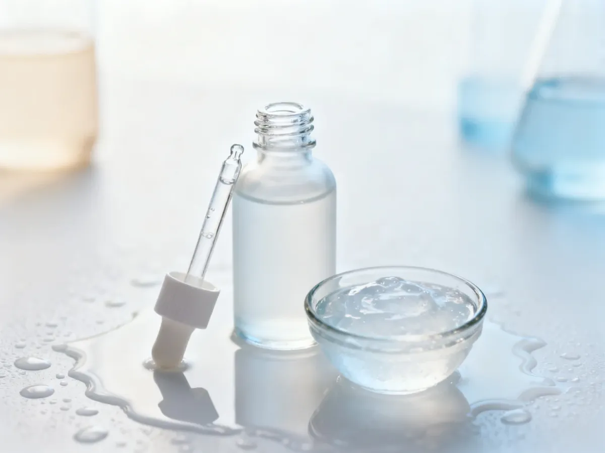 Serum z kwasem hialuronowym w butelce z pipetą na wilgotnej powierzchni